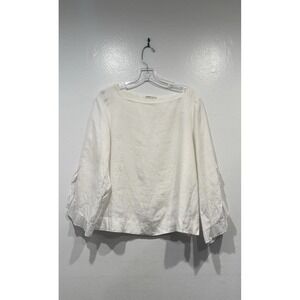 Purotatto Linen Top Womens Large White Coastal Ruffle Slit Sleeve Minimalist